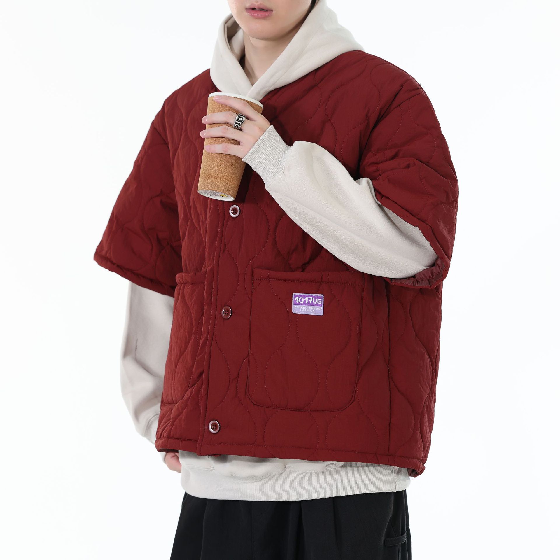 日系复古菱形半袖潮牌棉衣男秋冬季轻薄休闲工装棉服宽松保暖外套