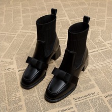 袜靴女新款方跟高级感短靴女秋冬女鞋中跟针织蝴蝶结设计感马丁靴