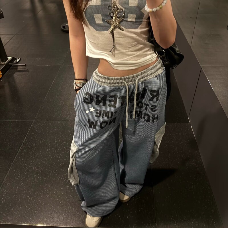 Direct from the factory, American retro striped color-blocked letter print casual sweatpants for men and women, loose straight-leg sports wide-leg pants Direct from the factory, American retro striped color-blocked letter print casual sweatpants for men and women, loose straight-leg sports wide-leg pants