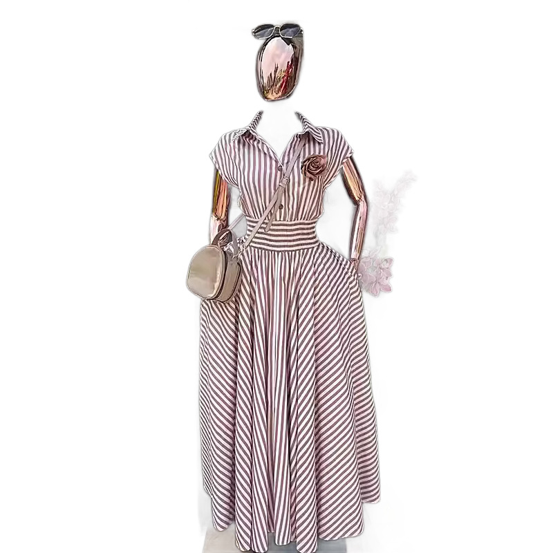 Women's Clothing Spring New Arrival Elegant Retro Striped Shirt Collar Short Sleeve Full Skirt Dress Fashion Waist Cinching American Style_ecoleips.com