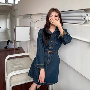 爱依轩复古收腰牛仔连衣裙女秋季新款气质衬衫裙大衣小个子短裙