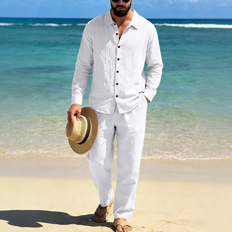 Set camicia in lino da uomo maniche lunghe completo casual mare_voghion.com