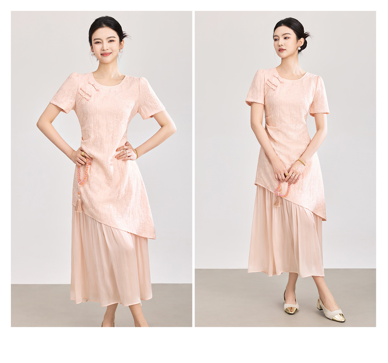 Đầm maxi nữ thắt eo chất liệu lụa tơ tằm hoa văn nổi — màu hồng chi tiết 20