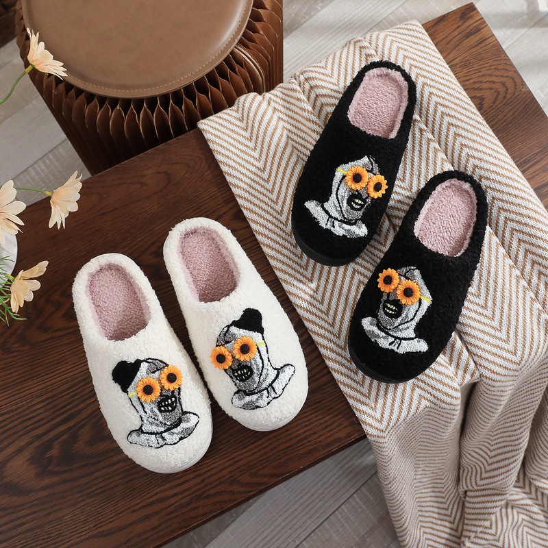 Halloween Christmas Horror Night Horror Clown Embroidered Cotton Slippers Men's and Women's Autumn and Winter Plaid Wool Slippers Cross-Border