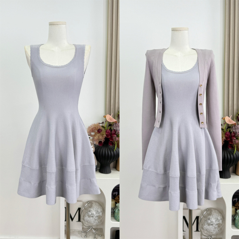 Romantic Storyline Waist-Cinching Hollow-Out Knit U-Neck Dress + Cardigan Two-Piece Set