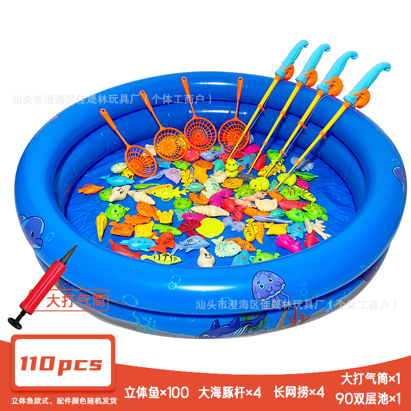 110개 세트(물고기 100개 + 돌고래 막대 4개 + 긴 그물 낚시 4개 + 더블 레이어 풀 90개 + 대형 펌프 1개)