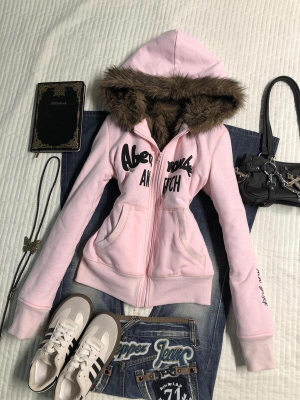 American Hot Girl Y2K Retro Slim Waist Hooded Zipper Jacket for Women with Embroidered Letters for Autumn and Winter Wear with a High-End Feel