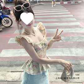 2026年新款少女荷叶小飞袖荷叶边修身显瘦方口领甜美上衣其他
