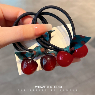 Red Cherry High Elastic and Durable Hair Band Hair Rope Bow Tie Hair Rubber Band Women's Ball Hair Rope