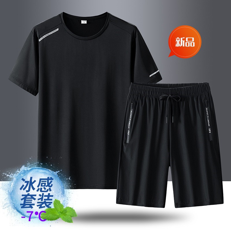 Traje de seda de hielo de deportes de secado rápido para hombres, pantalones cortos de secado rápido de verano para hombres, ropa deportiva de manga corta, pantalones de cinco puntos al por mayor