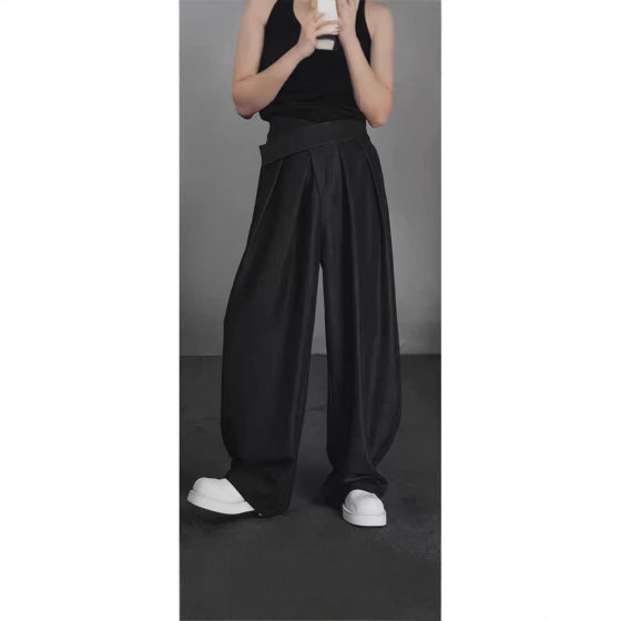 European High Waist Design Velcro Pants Men's American Style Fashion Brand Loose Wide Leg Pants Pleated Casual Pants