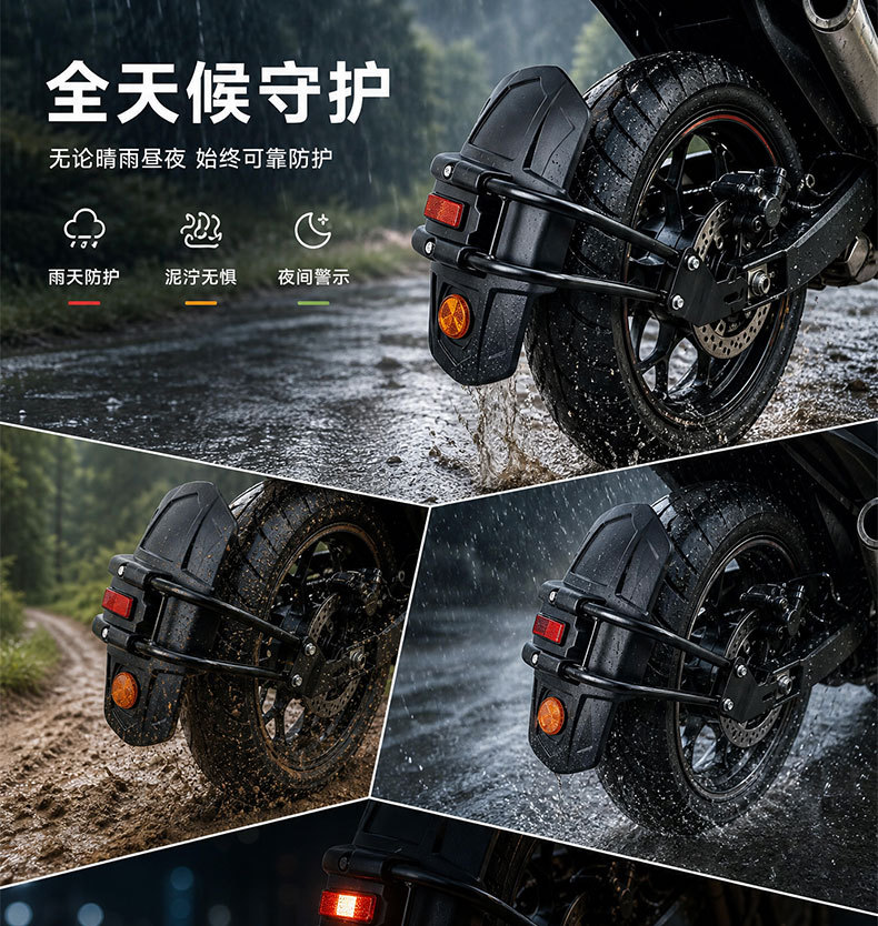 Motorcycle modified rear fender bracket with widened and enlarged mudguard and reflective strip for rear wheel splash protection during riding