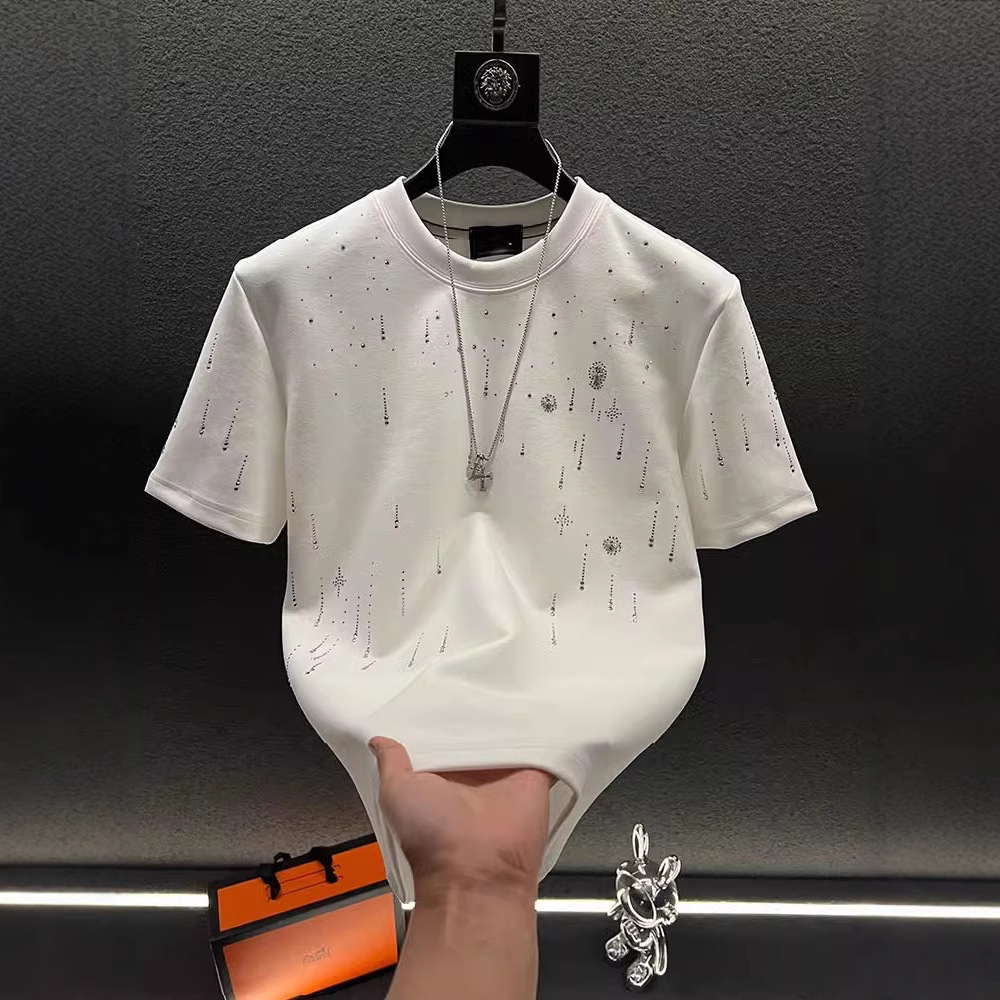 Primavera 2025 T-shirt da uomo di lusso a maniche corte, girocollo, con meteorite e strass, personalizzata in poliestere di alta qualità_voghion.com