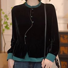 一件代发直播爆款2025秋季新款时尚拼色国风丝绒洋气减龄打底衫女