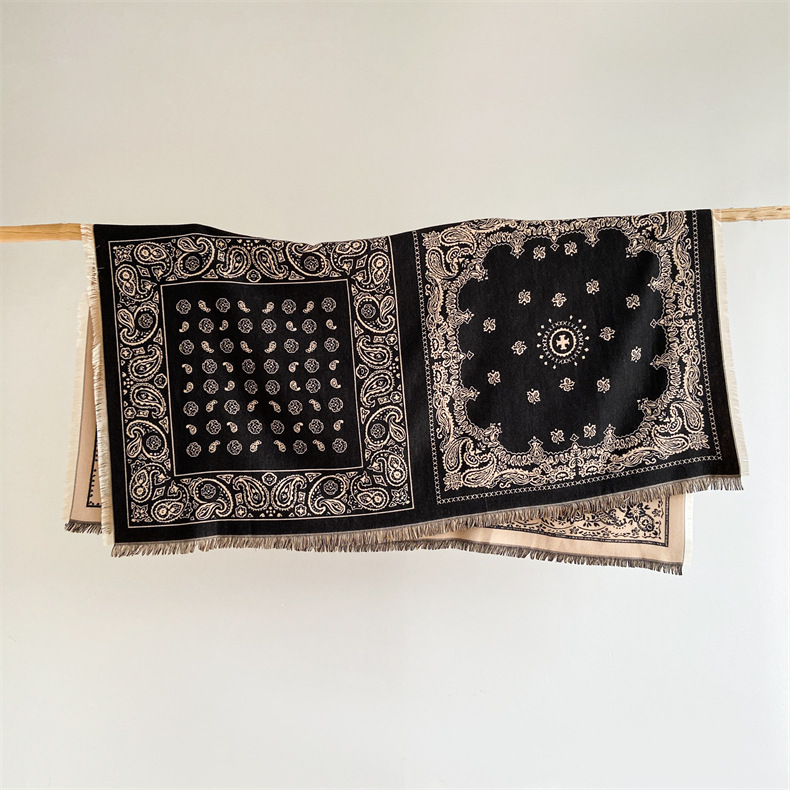 Predimenzionirani kašmirski kvadratni šal u etničkom stilu, ženski debeli šal s resicama, topli šal s cvijetom indijskih oraščića_voghion.com