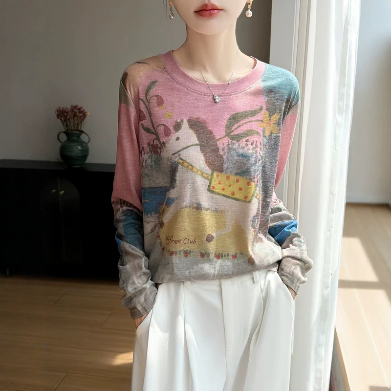 Summer New Style Lyocell Round-Neck Tie-Dye Thin Women's Summer Sun Protection Shirt Printed Long-Sleeved Knitted Air-Conditioning Shirt Summer New Style Lyocell Round-Neck Tie-Dye Thin Women's Summer Sun Protection Shirt Printed Long-Sleeved Knitted Air-Conditioning Shirt