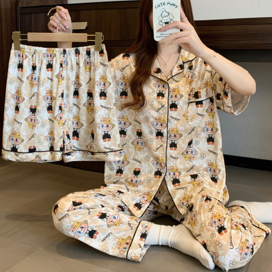 Spring and summer pajamas women's high-end short-sleeved pants vintage cartoon cloth Lala three-piece loose home clothes wholesale