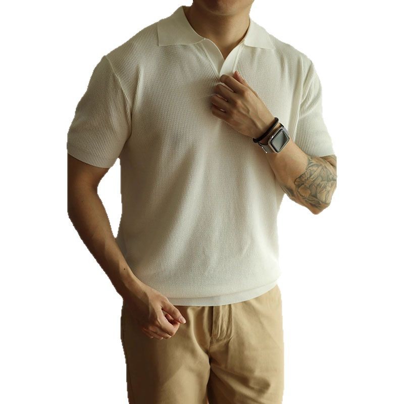 Verano nuevo suéter de punto de seda de hielo de manga corta para hombres camisa POLO de negocios delgada con cuello en V camiseta de moda comercio exterior al por mayor transfronterizo
