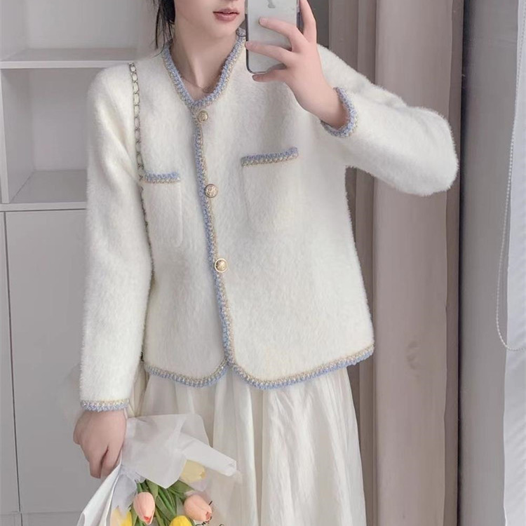 Pequeño viento fragante francés imitación de jersey de punto Cardigan mujeres otoño y invierno 2024 nuevo temperamento chaqueta de cuello redondo abrigo suéter