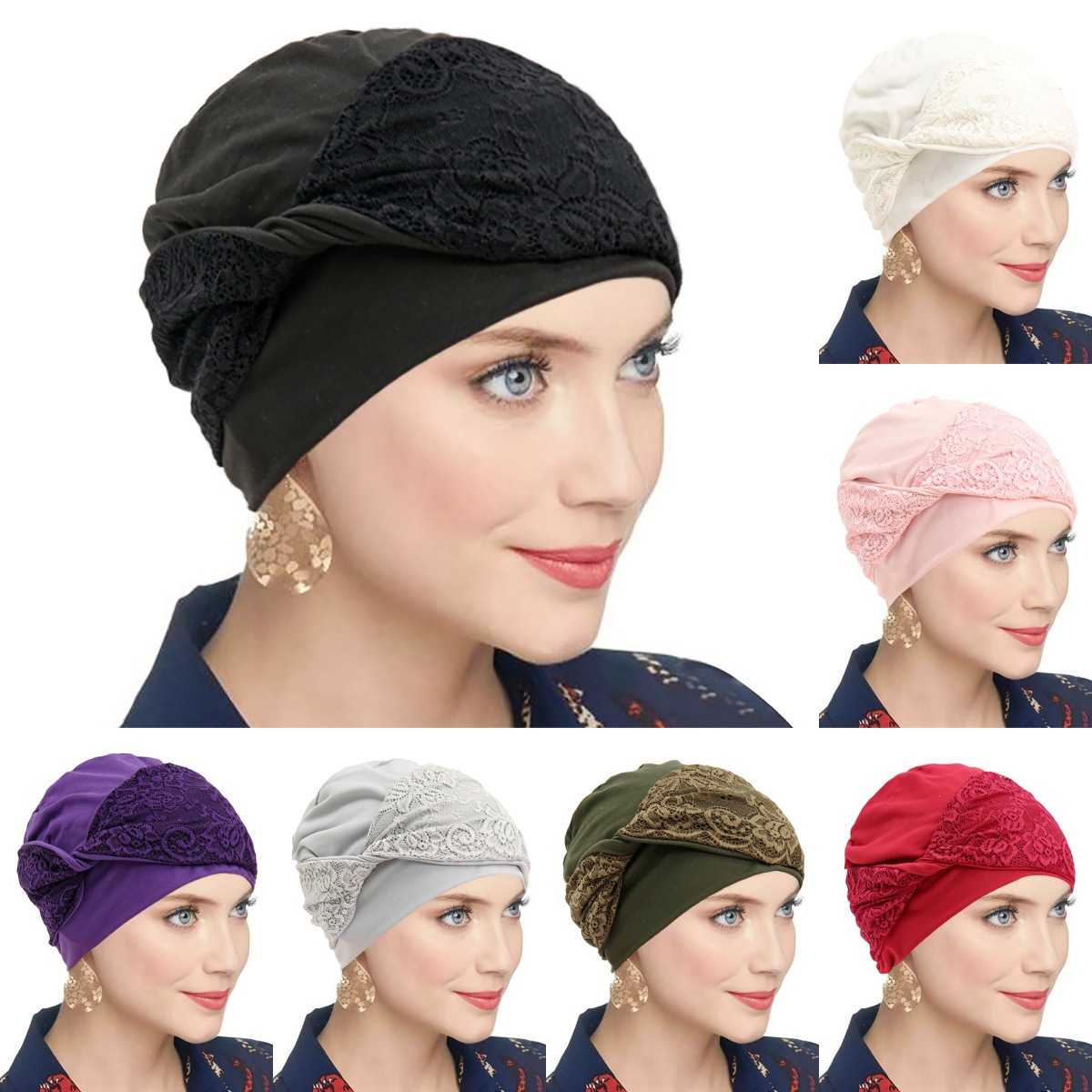 European and American Ready-Made Women's Lace Cross Turban Hat Soft and Light Women's Pullover Hat Pure Color Simple Base Hat
