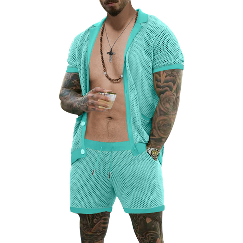 2024 Amazon traje de pantalones cortos de manga corta para hombre rebeca de solapa de tela de agujero frío traje de dos piezas de verano para hombre