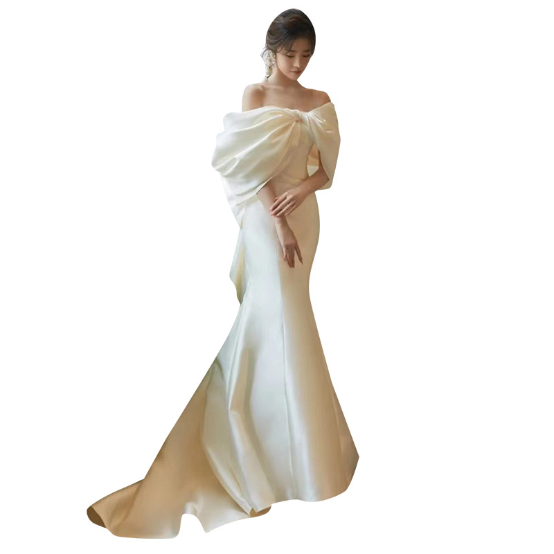 Vestido DE BODA ligero de estilo francés nupcial elegante satén fuera del hombro arco fishtail Mori Bienvenido vestido de viaje image 7