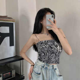 控价欧美简约斑马纹平口吊带背心女细肩带紧身短款上衣