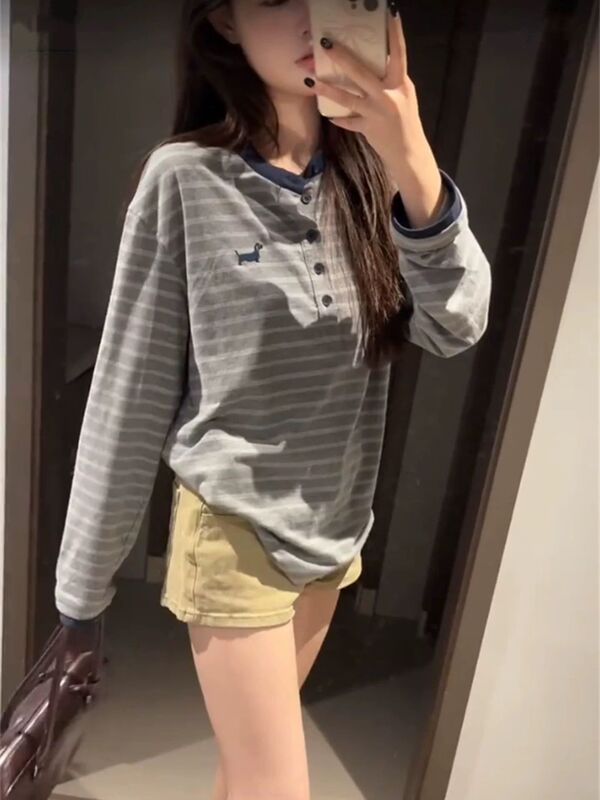 美式复古纽扣领条纹长袖t恤女秋季撞色拼接宽松显瘦百搭情侣上衣|undefined