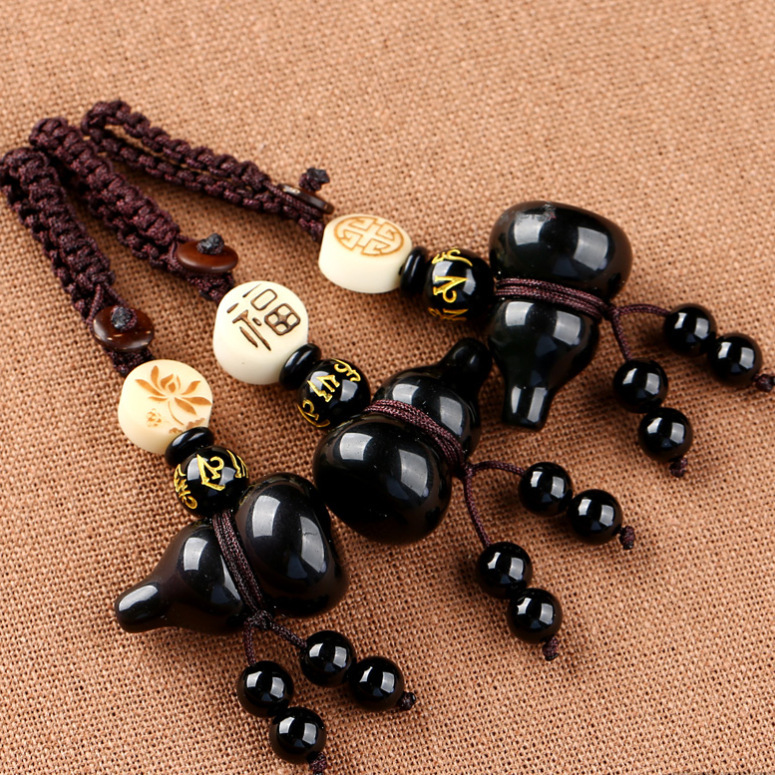 Factory Direct Natural Mexican Obsidian Gourd Keychain Pendant Small Gourd Bodhi Wholesale Mobile Phone Chain