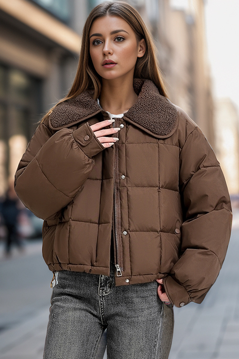 Chaqueta corta de algodón con cuello grande de lana de cordero para mujer en invierno, versión coreana, abrigo marrón suelto y grueso, de moda_voghion.com