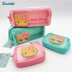 日系卡通黑皮系列hellokitty网纱化妆包女手拿收纳包刺绣文具笔袋