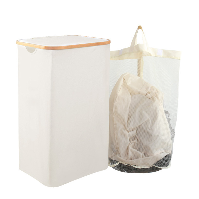 Cesta de ropa sucia transfronteriza con bolsillo interior con cubierta de bambú y madera plegable Cesta de almacenamiento de ropa sucia Cesta de ropa sucia