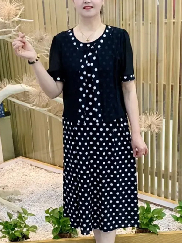 女性用フェイクツーピースドレス、夏用スリムロングスカート、大きいサイズ、中高年ママ、水玉半袖スカート、ミドル丈|undefined