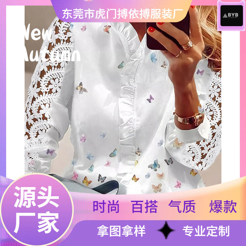 2026 New Spring and Summer European and American Women's Butterfly Lace Vacation Shirt Women's Versatile Top for Seaside Vacation
