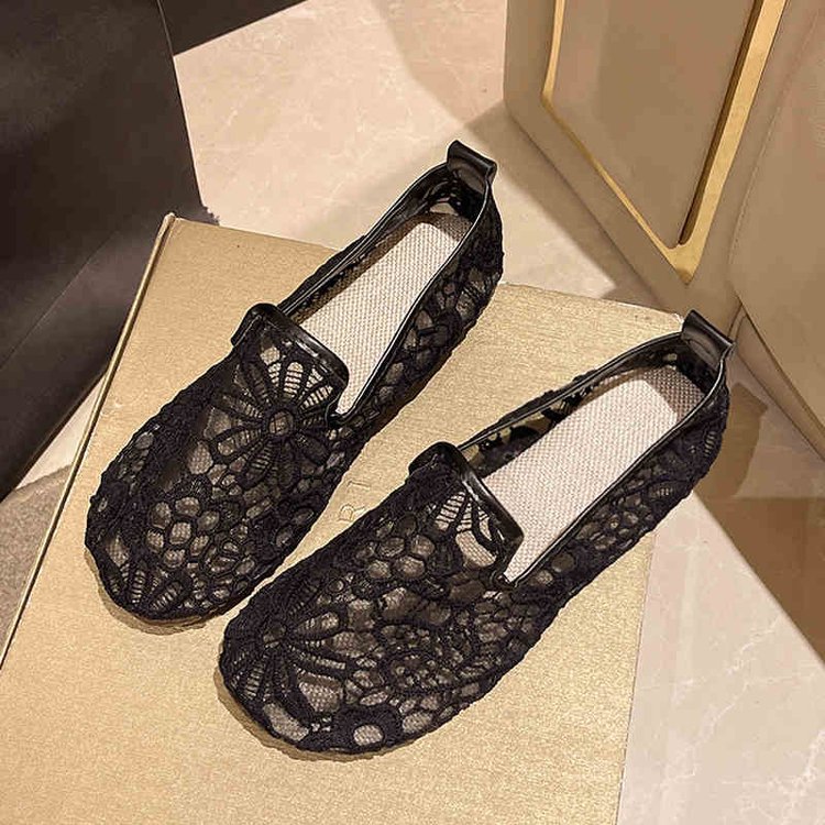 Zapatos de red finos de verano, lentejuelas de encaje para mujer, zapatos de boca baja, zapatos de tela viejos de Beijing huecos de lino, zapatos de frijoles estilo hada