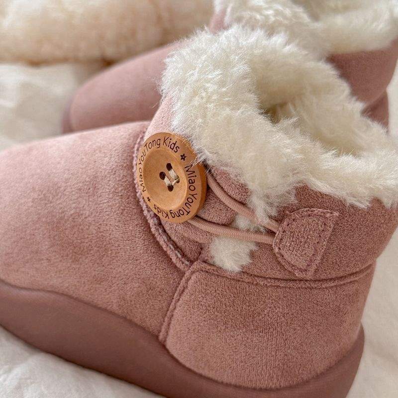 Children's Cotton Boots, Fur Integrated Winter Korean Button Short Boots, Fleece-Lined and Thickeneded, Warm Snow Boots for Boys and Girls