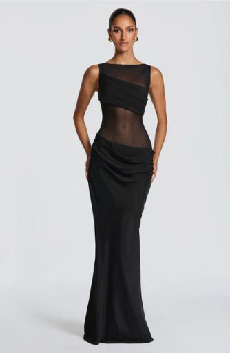 Women's Solid Color Patchwork Slim Fit Dress - Sheer Draped Evening Gown For Sophisticated Style_ecoleips.com