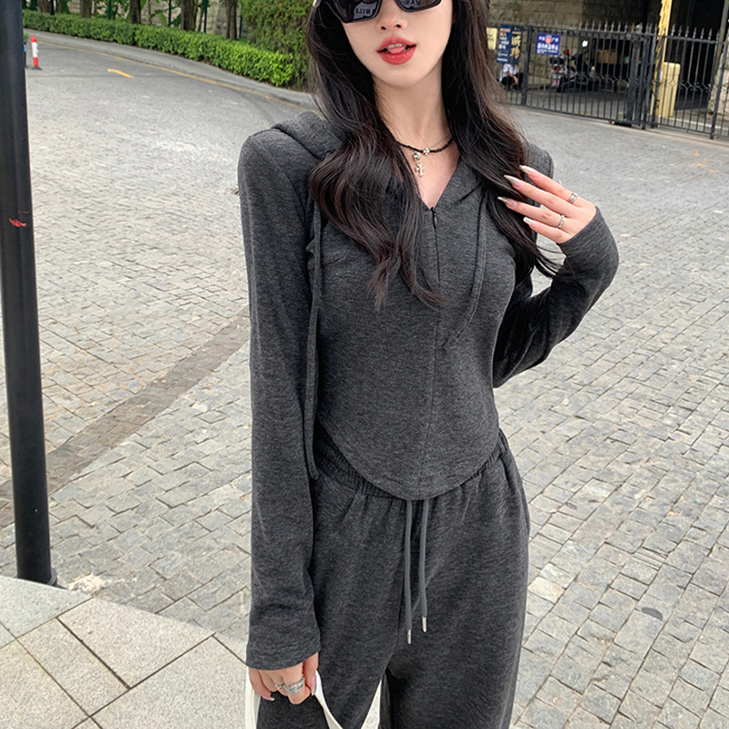 ActiveGo Slimm, completo sportivo da donna, due pezzi, alla moda, casual, autunno inverno, con cappuccio e pantaloni a gamba larga_voghion.com