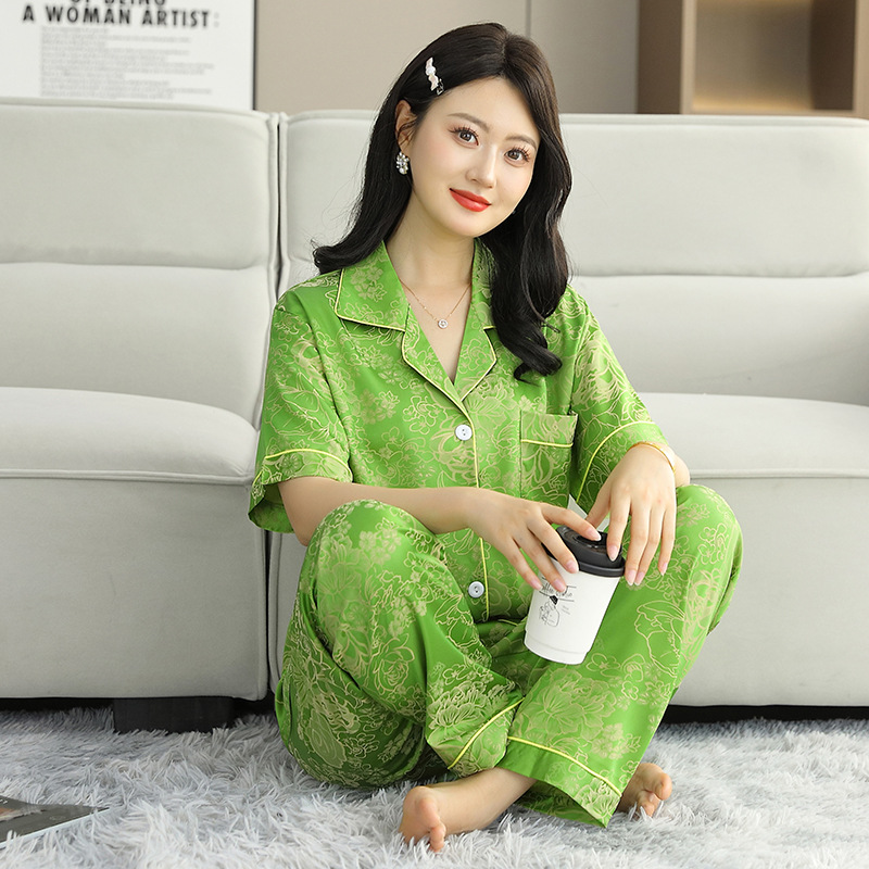 에메랄드 그린 피치 블라썸 자카드(반소매, 바지)