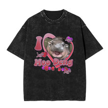 I Love Moo Deng Cute Baby Hippo Funny Vintage Washed T-shirt