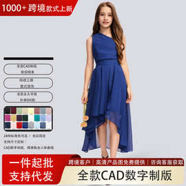 跨境亚马逊中大儿童晚礼服女花童 A字单肩不对称雪纺小伴娘裙外贸
