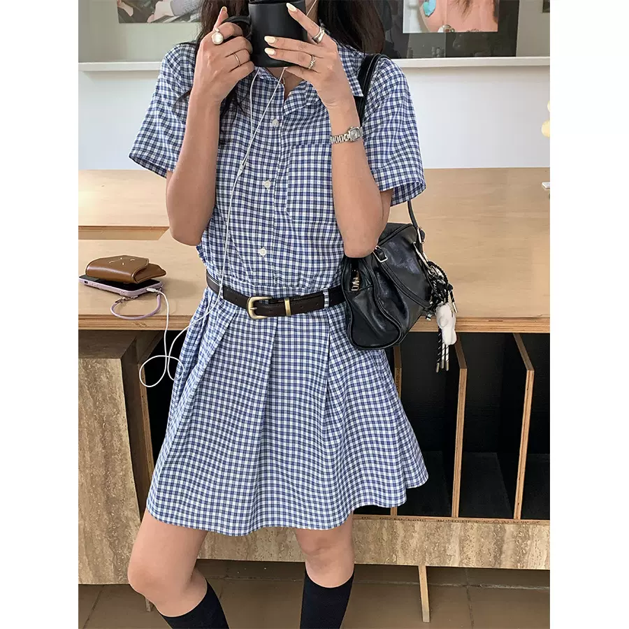 黄峥韩版夏季新款学院风蓝白格衬衫连衣裙收腰显瘦百褶短裙520640