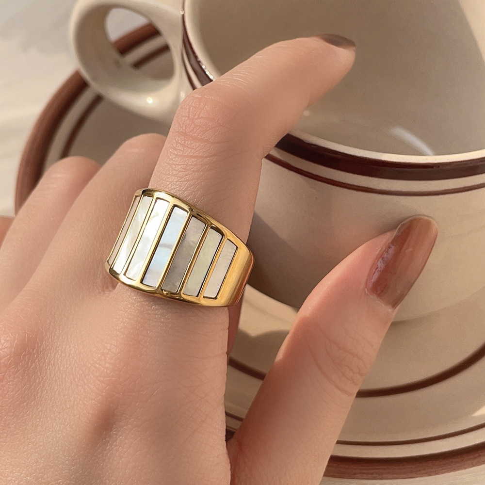13g Weight Shell Inlay Material Wide Band Ring Classification Exaggerated Simple Style Rectangle Titanium Steel Shell Wide Band Ring In Bulk
