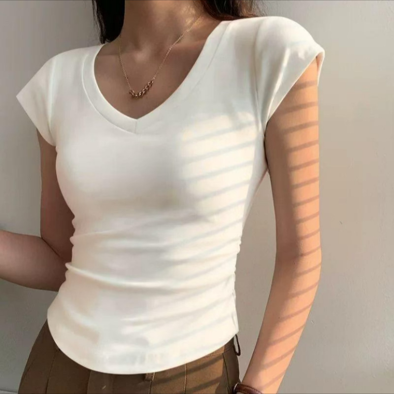 [Lightning Warehouse Hot Style] Right Shoulder V Neck Short-Sleeved T-Shirt for Women, High-End Slimming Look, Side Pleats, Fashionable and Stylish