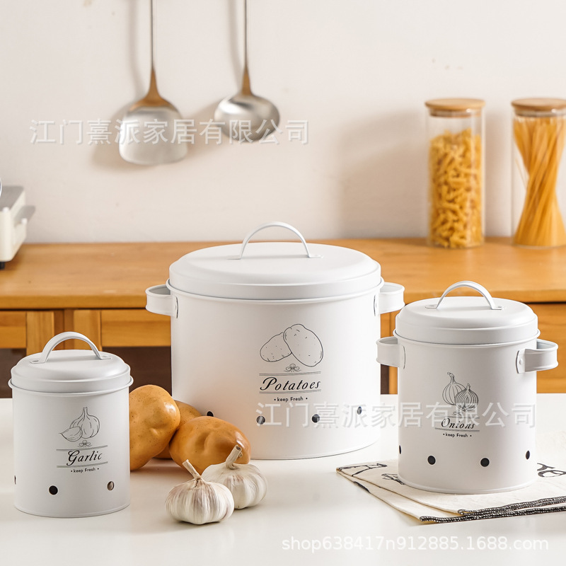 Barril de patata transfronteriza cebolla ajo contenedor de almacenamiento conjunto de cocina caja de almacenamiento de frutas y verduras patata metal permeable a la atmósfera