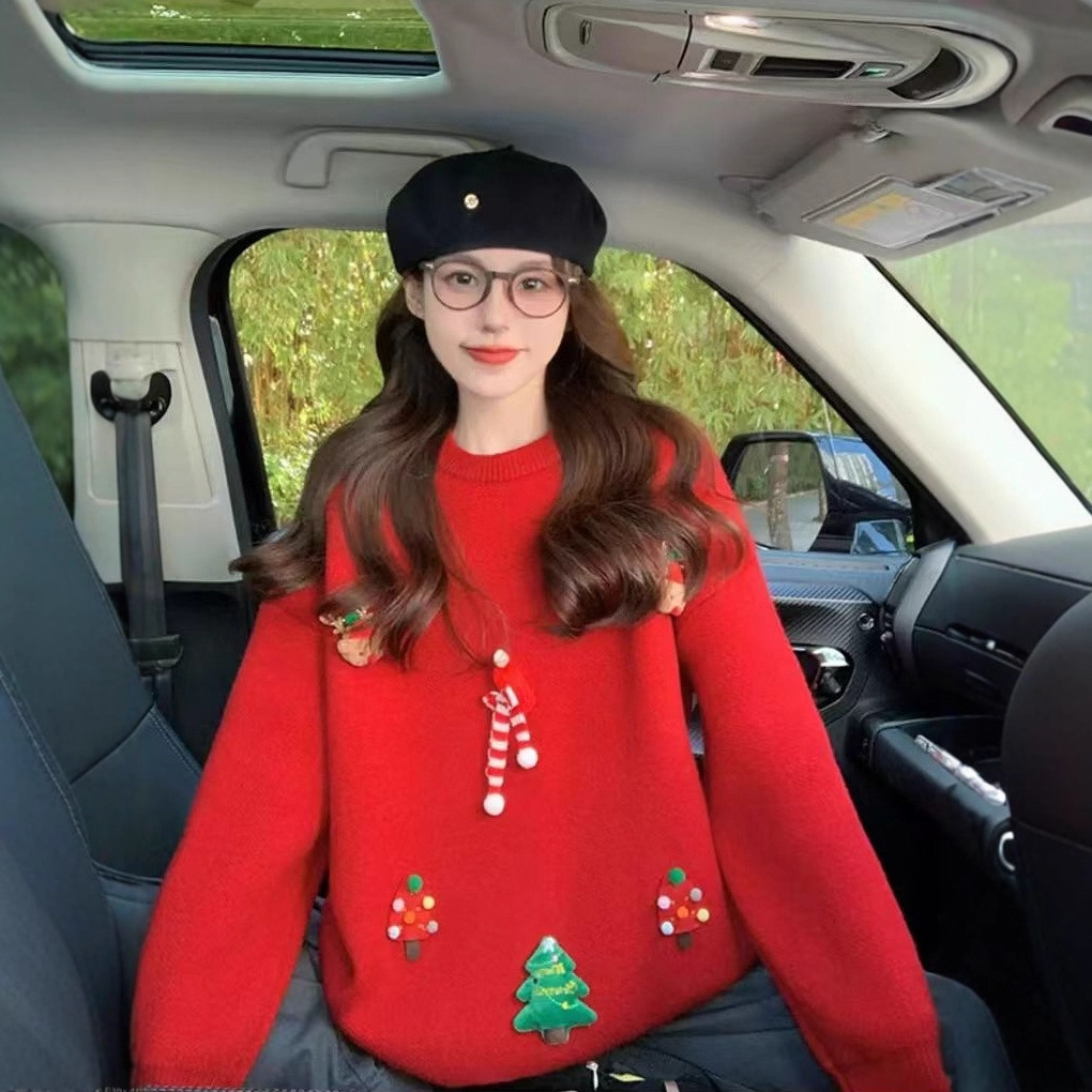 Suéter rojo perezoso para mujeres 2025 Navidad otoño y invierno nueva ropa de mujer casual versátil camiseta de punto de cuello redondo image 4