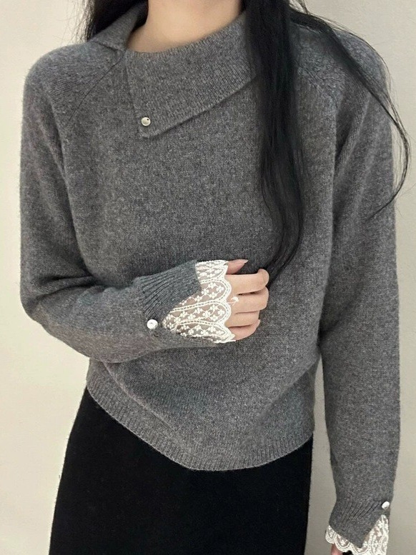 高级感温柔风灰色套头毛衣秋冬女新款蕾丝系带长袖针织打底衫上衣|undefined