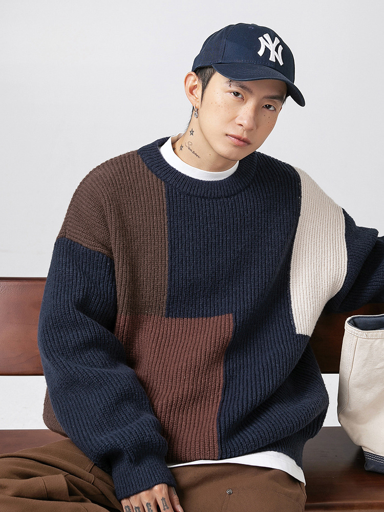Suéter texturizado con bloques de color y diseño patchwork para hombre, nuevo estilo japonés de otoño e invierno, suéter grueso de punto de marca a la moda y holgado.