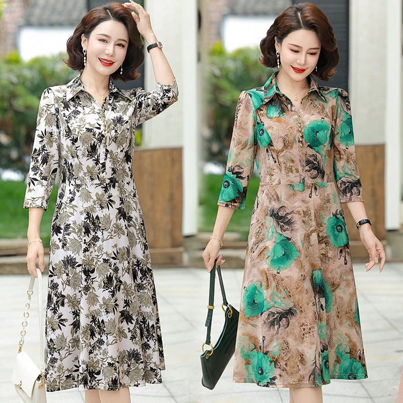 Летнее платье мамы с рукавом три четверти, модное и свободное, весенне-летняя новая юбка с цветочным принтом для женщин среднего и пожилого возраста.