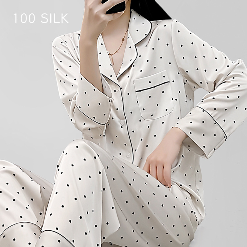 Celebrity-Inspired Silk Pajamas for Women, Summer 100% Mulberry Silk Luxury Set, Polka Dot Loungewear That Can Be Worn Outside
